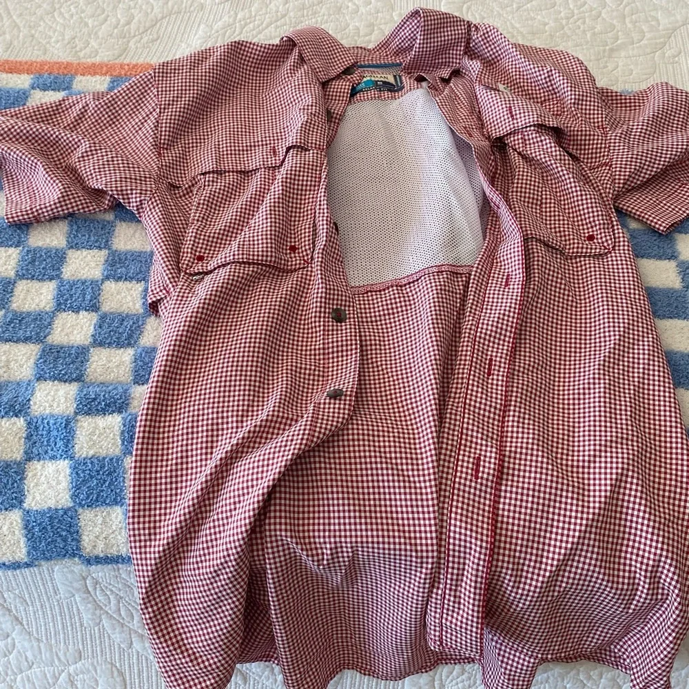 Magellan Outdoors Red Casual Button Down Shirt with Gingham Trim - Picture 2 of 2